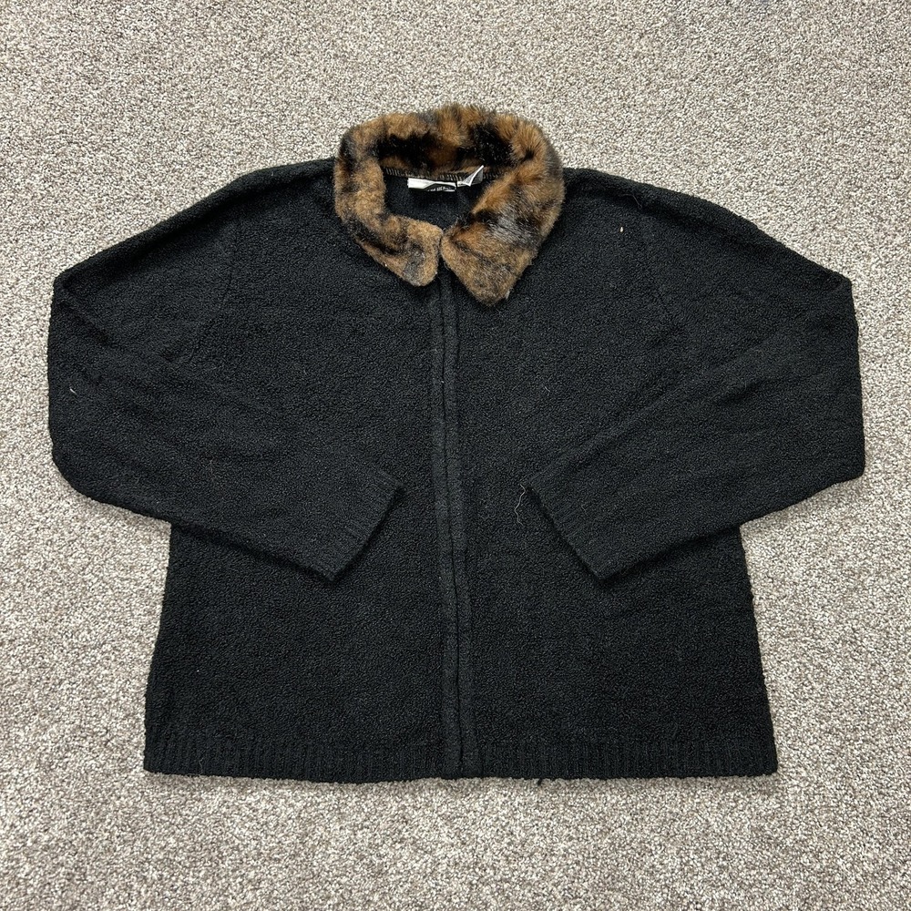 Fashion Bug Cardigan Sweater Womens 2X Black Full Zip Collared Fur Trim Knit